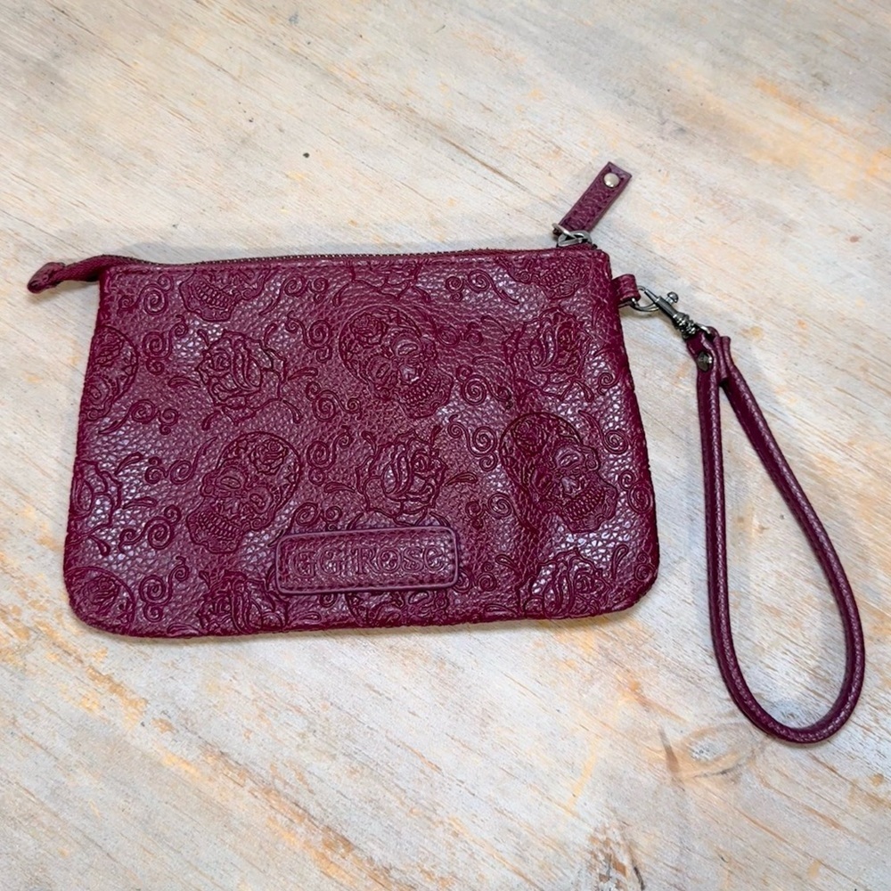 GG Rose Burgundy Embossed Skull Rose Wristlet